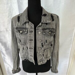 ASHLEY VINTAGE CHARM Grey Destroyed Denim CROPPED BIKER/TRUCKER JACKET Size L